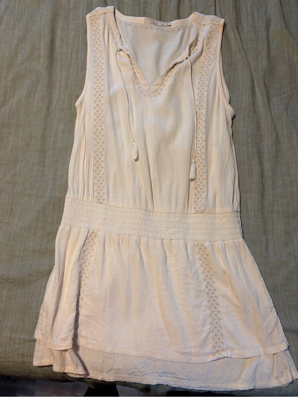 Womens Cream Sleeveless Boho Dress with Tassel Tie